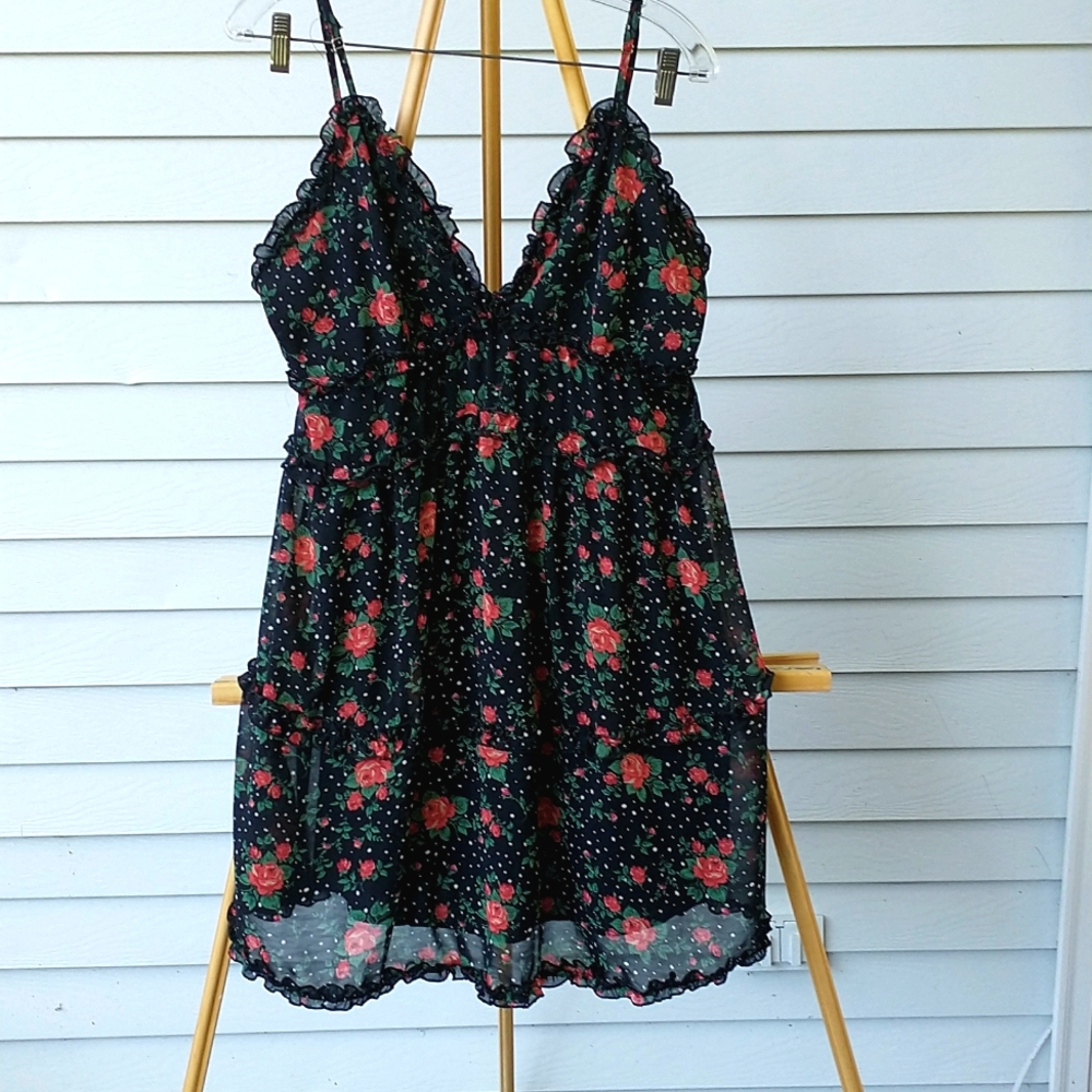 Black Floral Print Rose and Polkadot Spaghetti Strap Sundress